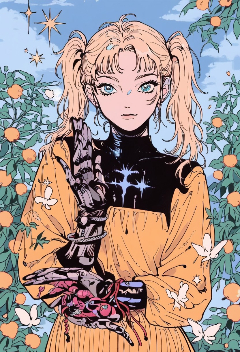 score_9, score_8_up, score_7_up, masterpiece, high quality, highly detailed, Vintage, 1girl, modern cyborg body, advanced tech, small build, cyborg arms, cyborg legs, glowing chest, cute human face, thick black eyelashes, bright blue eyes, twin tails, blonde hair, cute yellow summer dress, black sandals, looking at the viewer, cute smile, waving at the viewer, s4nh0m4y