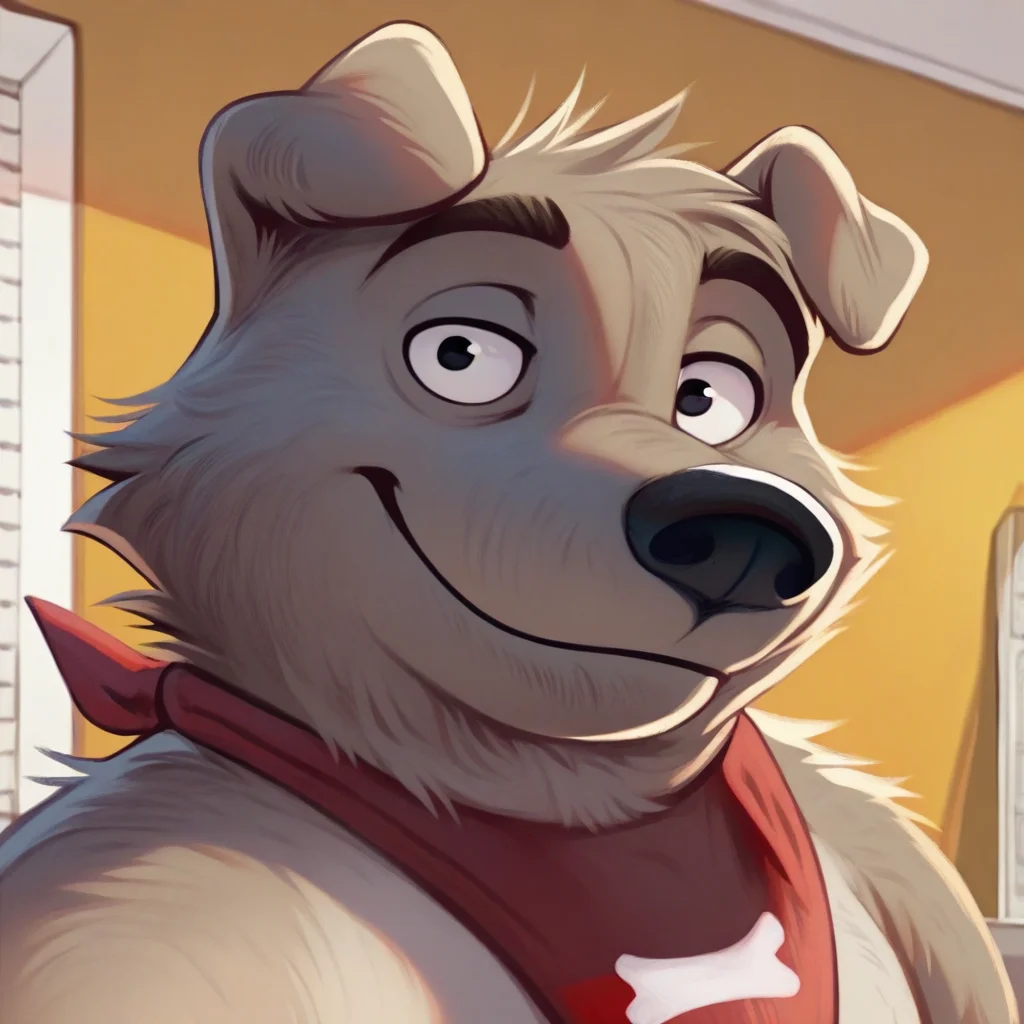 score_9, score_8_up, score_8, furry, NewBrian, dog, grey fur, red neckerchief, cartoon style, 2d, furry male, solo, upper body focus, face close up, looking at viewer, smile, inside