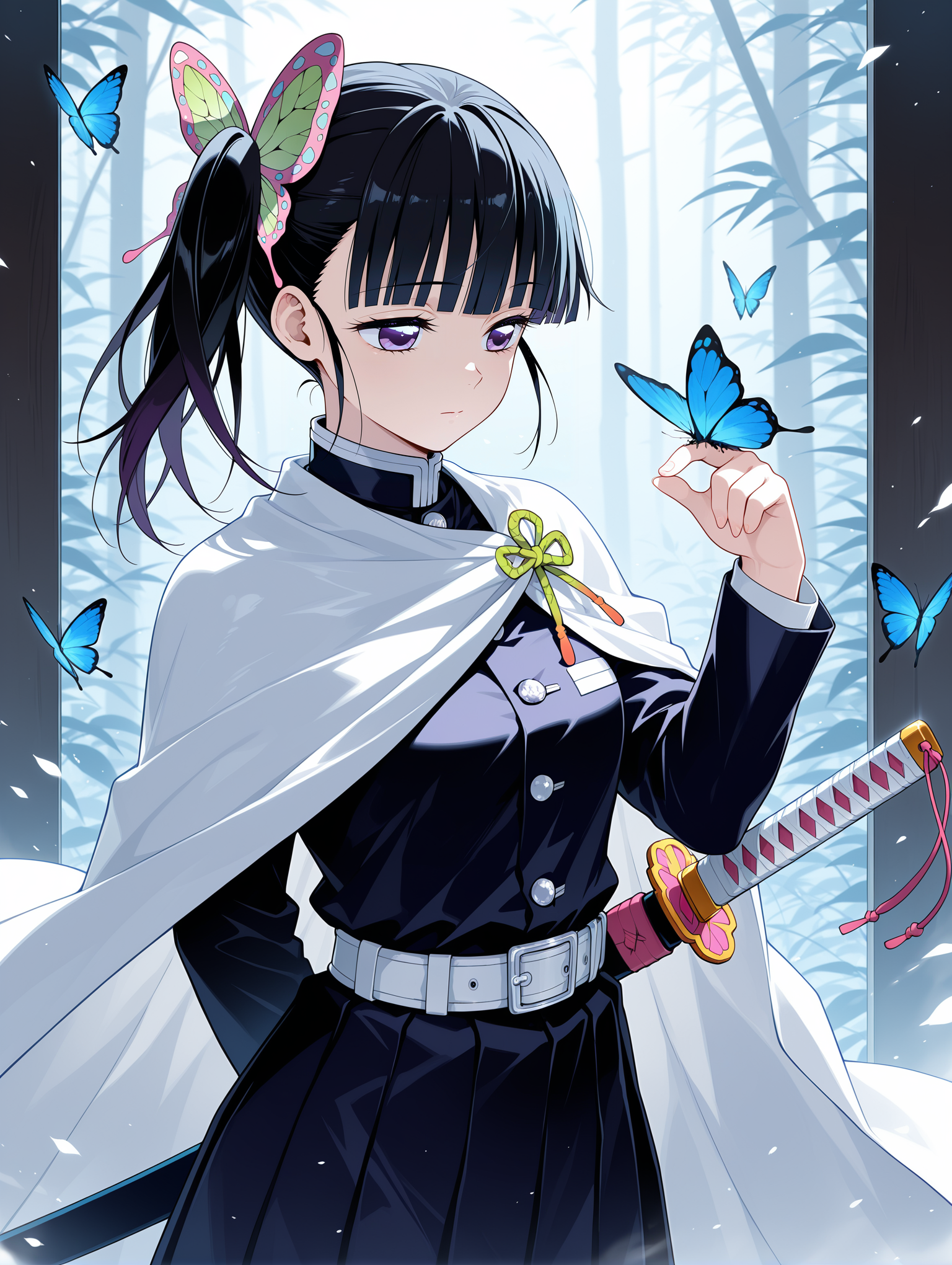 butterfly, tsuyuri kanao, 1girl, belt, uniform, long sleeves, butterfly on hand, pleated skirt, weapon, skirt, cloak, cape, sword, demon slayer uniform, buckle, side ponytail, sheathed, sheath, holding sword, jacket, blunt bangs, blue butterfly, butterfly hair ornament, bug, hair ornament, holding weapon, katana, belt buckle, closed mouth,
,masterpiece,best quality,amazing quality,