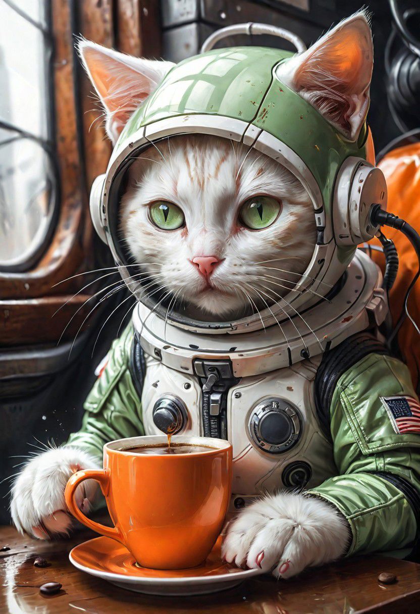 photo-realistic,
higly-detailed,
cat wearing a futuristic space suit,
a orange and white kitty sipping a mug of hot coffee holding it with it's two front paws,
lapping up the coffee as if it were drinking water,
light green eyes,