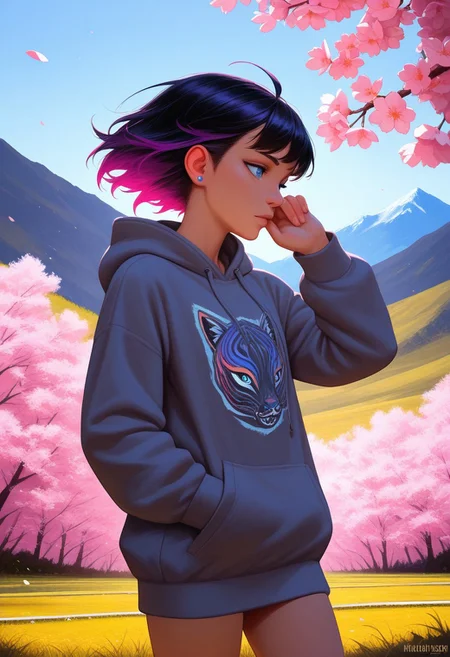 masterpiece, best quality, amazing quality, (incase:0.1), painterly, (oil painting \(medium\)), colorful, (high contrast), BREAK, 1girl, 25 years old, cute, petite, 
blue eyes, 
multicolored hair, black hair, purple hair, stud earrings, purple earrings,
hoodie, grey hoodie, print hoodie, 
cowboy shot, hand up, 
day, blue sky, cherry blossoms, falling petals, outdoors, spring (season), wind, scenery, mountain, nature