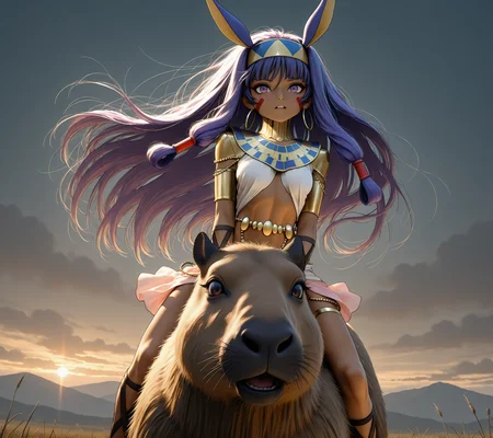 rustle, 1girl, (nitocris \(fate\)), riding on a capybara, eagerly, masterpiece, best quality, <lora:illustriousXL_stabilizer_v1.93:0.4> vibrant colors, petite, <lora:Body Type_alpha1.0_rank4_noxattn_last:1.3> <lora:backgroundon:1.2>