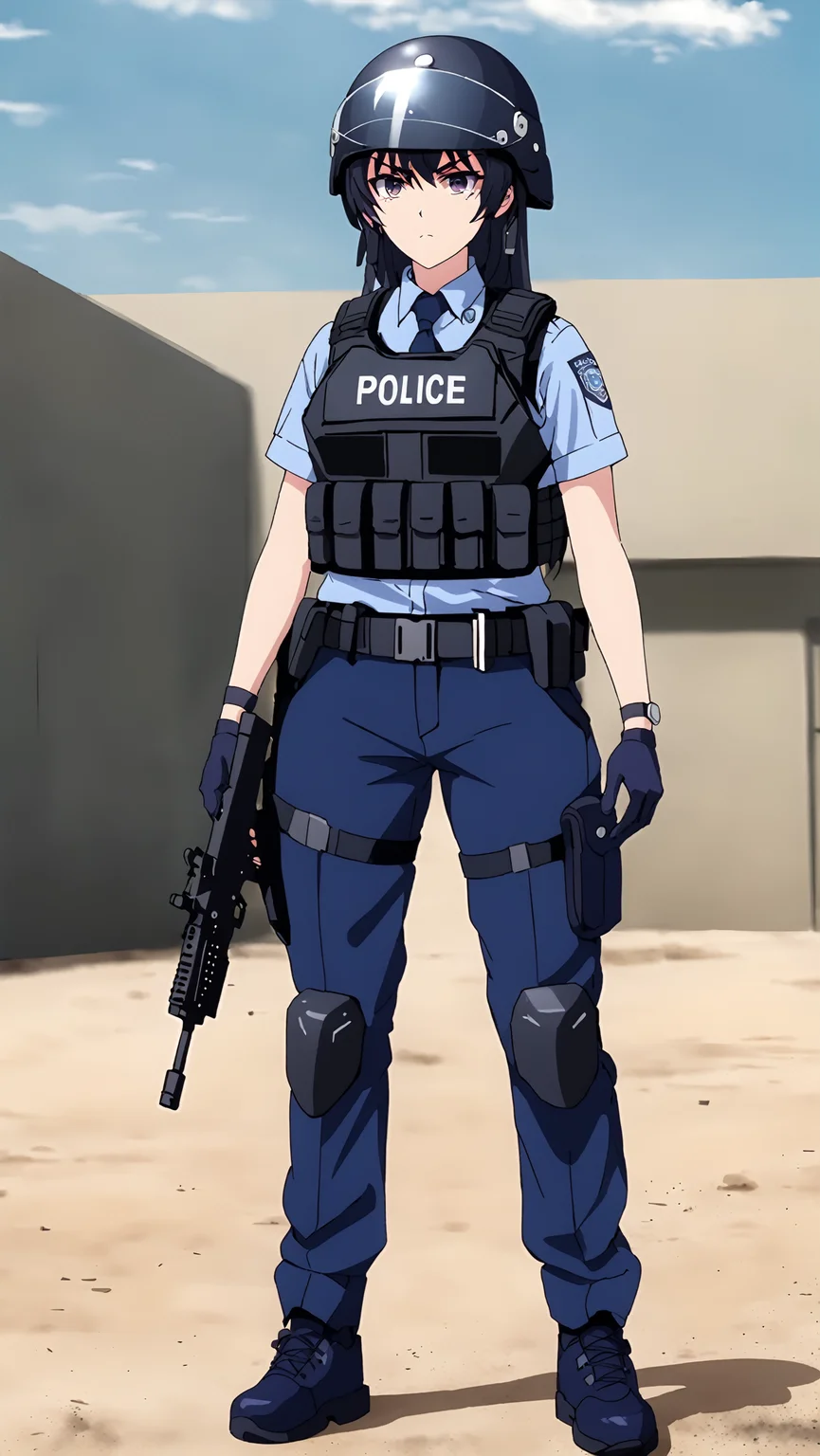 masterpiece, best quality,
 <lora:tinasha.sdxl.v3:0.9> tinasha
1girl, solo,
serious, 
stern looking,
policewoman, police uniform, 
outdoors, swat, combat gear, bulletproof vest, helmet,
full body,