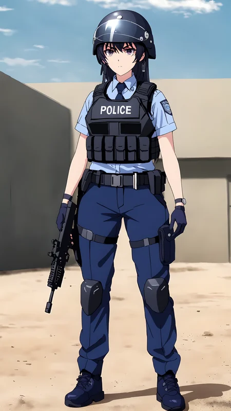 masterpiece, best quality,
<lora:tinasha.sdxl.v3:0.9> tinasha
1girl, solo,
serious,
stern looking,
policewoman, police uniform,
outdoors, swat, combat gear, bulletproof vest, helmet,
full body,