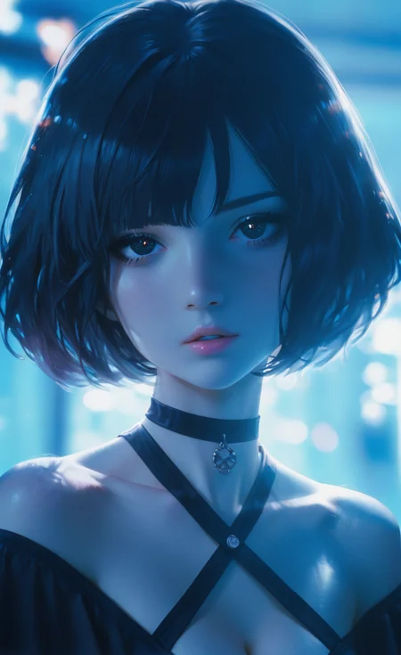 masterpiece, best quality, good quality, newest, highres, absurdres, 1girl, solo, lack hair, short hair, black shirt, bare shoulders, collarbone, parted lips, pink lips, choker, off shoulder, black eyes, lips, Cleavage,blurry background, halterneck, realistic, off-shoulder shirt, criss-cross halter, eye reflection, eyes with a gentle warmth light,
Portrait,
looking at viewer, backlighting,Blue Theme, <lora:illustriousXL_stabilizer_v1.23:0.3> <lora:NOOB_vp1_detailer_by_volnovik_v1:0.3> <lora:ponyv6_noobE11_2_adamW-000017:0.45> <lora:WSSKX_WAI:0.75> <lora:zy_illustrious_Realism_Enhancer_v1:0.6>