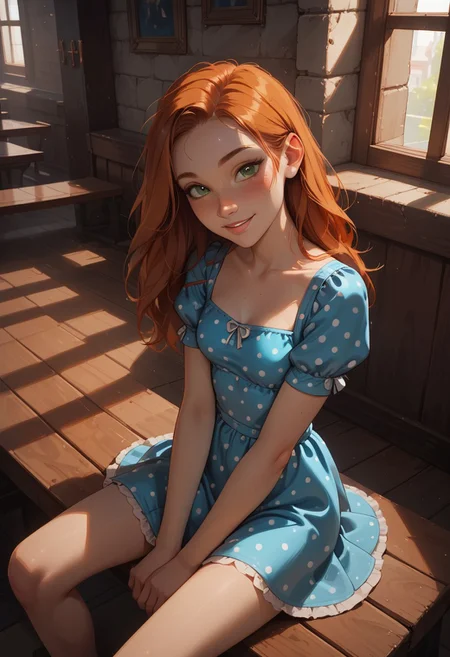 score_9_up, score_8_up, score_7_up, best quality, ultra highres, Casual, Expressiveh, g0thicPXL, fFaceDetail, 
indoors, 1girl, 25 years old, petite, slim fit, adorable face, green eyes, ginger hair, freckles, small teardrop breasts, [flat chest], dress, short sleeves, polka dot dress, blue dress, puffy sleeves, seated on a church pew, sitting on a bench, slim body, slender, sly smile, from side, from above,
blush, flirty:1.4, looking at viewer,
(small breasts:1.3), perfect round breasts, cute face, eye contact, seductive, cute smiling, semi realistic, highest quality, focus on face, golden hour lighting, from above,