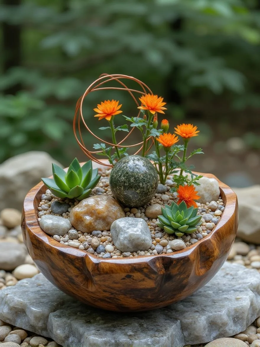 <lora:ck-polygon-gems-0019.safetensors:1> a crafted gemstone model in the style of cklg featuring aAged wooden bowl cradles a dynamic arrangement of succulents and vibrant flowers on a bed of pebbles and stones. The scene combines weathered textures with a burst of color from the plants' varying hues and the sharp contrast of orange blooms. A spherical metal object amidst copper wiring injects industrial flair, while natural lighting adds depth and dimension to the visually striking composition.