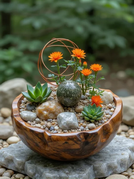 <lora:ck-polygon-gems-0019.safetensors:1> a crafted gemstone model in the style of cklg featuring aAged wooden bowl cradles a dynamic arrangement of succulents and vibrant flowers on a bed of pebbles and stones. The scene combines weathered textures with a burst of color from the plants' varying hues and the sharp contrast of orange blooms. A spherical metal object amidst copper wiring injects industrial flair, while natural lighting adds depth and dimension to the visually striking composition.