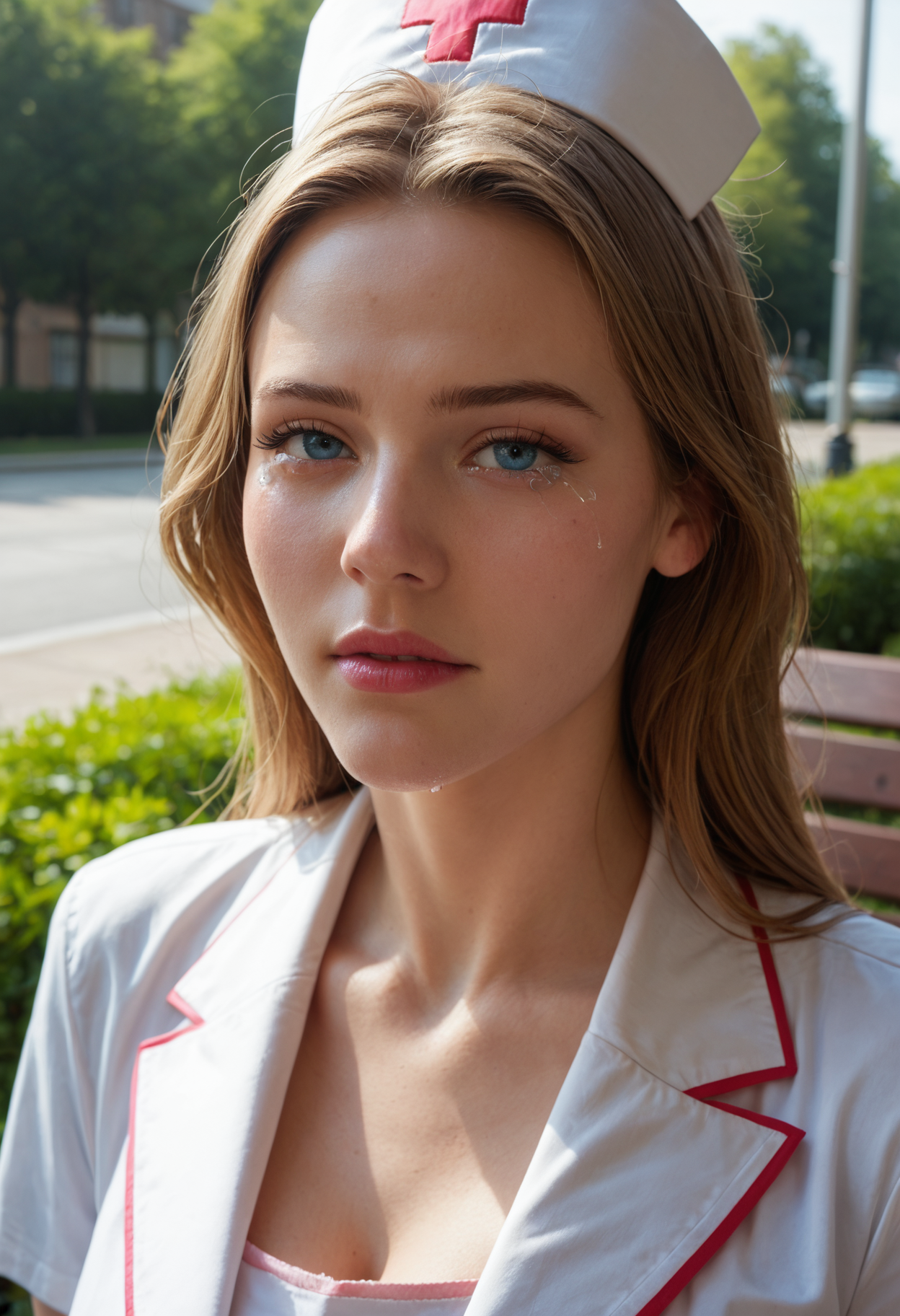 score_9,score_8_up,score_7_up,masterpiece,UHD,close-up,face_focus,portrait,16k,high res,high detailed,
linda_sanc,realistic,blonde hair,long hair,blue eyes,1girl,solo,lipstick,anguish,crying_with_eyes_open,shiny skin,ruined mascara,
nurse uniforn,nurse headdress,
path,bench,park,<lora:Linda_a_virtual_model_for_pony:0.8>,<lora:sinfully_stylish_SDKL:0.2>,multiple_views,