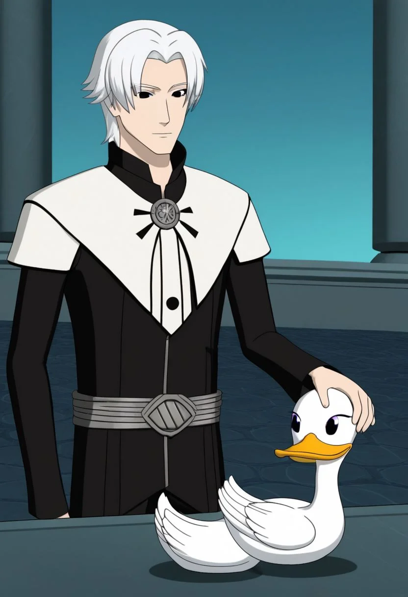 1boy, white hair, black eyes, Kenya, Master, Swan, Chaos