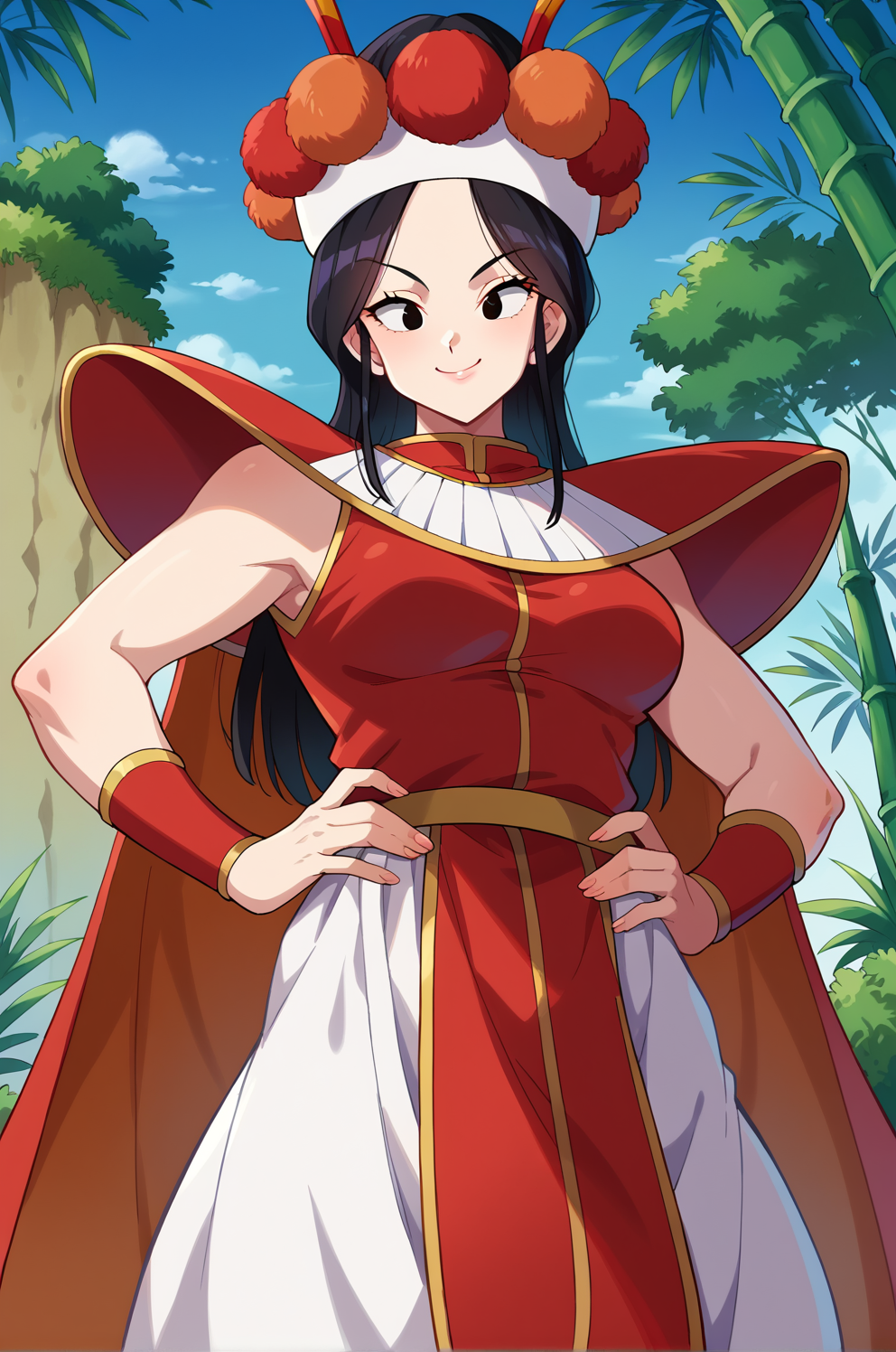 score_9,score_8_up,score_7_up,score_6_up, BREAK annin, 1girl, solo,upper body,thin mountain, black hair, black eyes, medium breasts, red vest, white skirt, red shoulder armor, white headband, pom pom \(clothes\), red bracer,fake antennae,red cape, hands on own hips, (from below:0.6,from side:0.7), mount paozu,nature,cliff, bamboo, bush,blue sky,smug,closed mouth,smile,red pelvic curtain,grabbing own hips,orange antennae,looking at viewer,white armor vertical stripes,  <lora:MountPaozuPony:1>  <lora:AnninPonyV2:1>