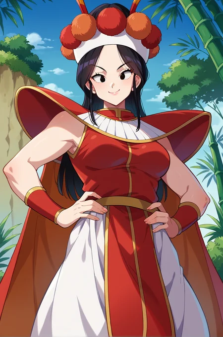 score_9,score_8_up,score_7_up,score_6_up, BREAK annin, 1girl, solo,upper body,thin mountain, black hair, black eyes, medium breasts, red vest, white skirt, red shoulder armor, white headband, pom pom \(clothes\), red bracer,fake antennae,red cape, hands on own hips, (from below:0.6,from side:0.7), mount paozu,nature,cliff, bamboo, bush,blue sky,smug,closed mouth,smile,red pelvic curtain,grabbing own hips,orange antennae,looking at viewer,white armor vertical stripes,  <lora:MountPaozuPony:1>  <lora:AnninPonyV2:1>