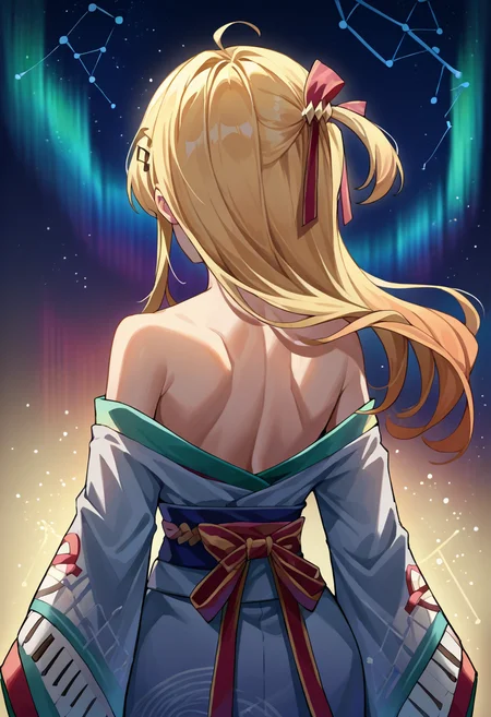 score_9, score_8_up, source_anime, 1girl, solo, OtonoseKanade, long hair, one side up, hair ribbon, musical note hair ornament, aurora, back, bare back, bare shoulders, constellation, from behind, kimono, light particles, long sleeves, off shoulder, <lora:ChamOtonoseKanadePonyXL:1>