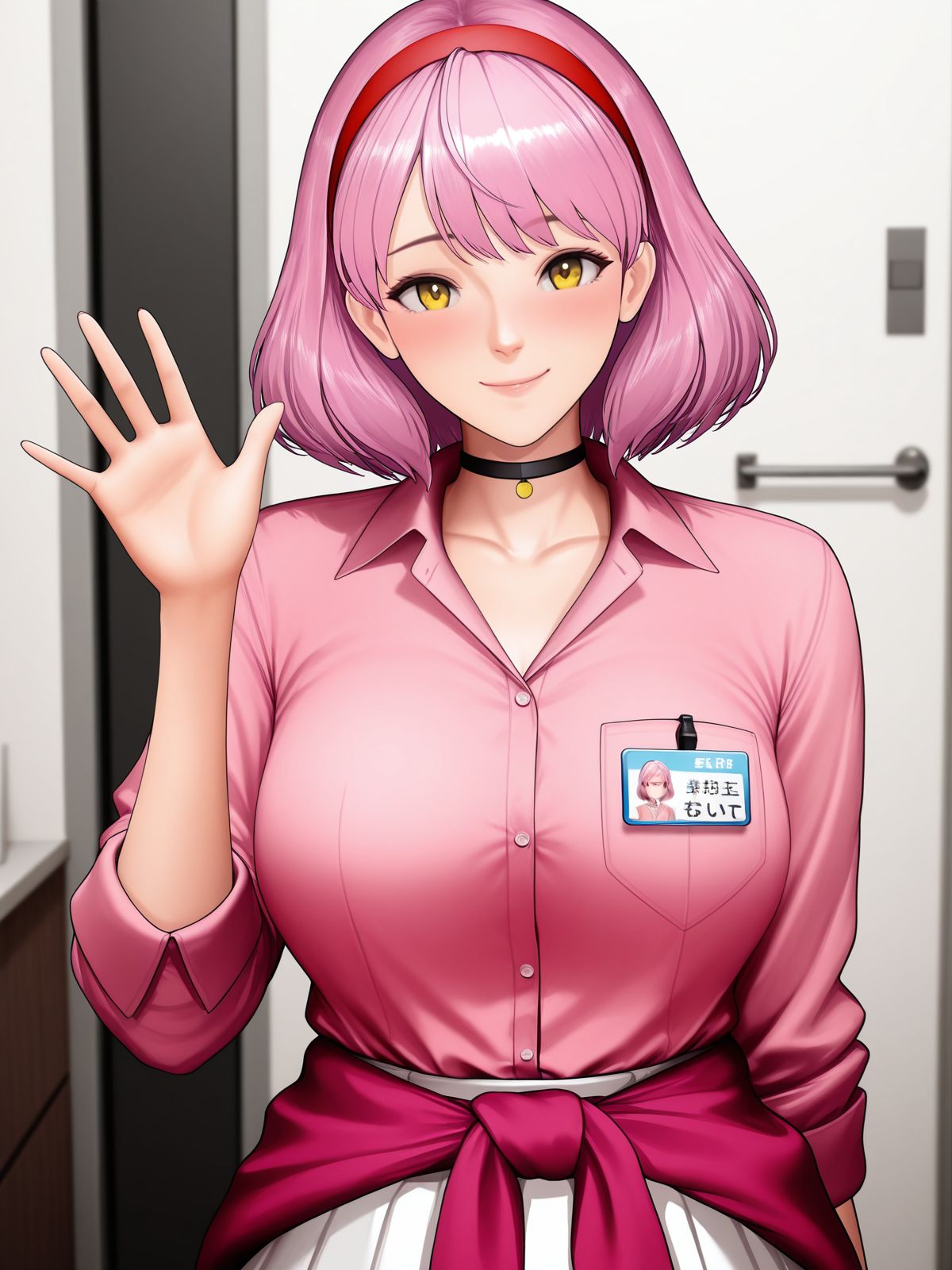 masterpiece, best quality, 1girl, solo,  <lora:RNNell:1>, NNell, short pink hair, yellow eyes, red headband, pink shirt, name badge, white skirt, black choker, red waist-tied sweater, waving at viewer, cheerful smile
