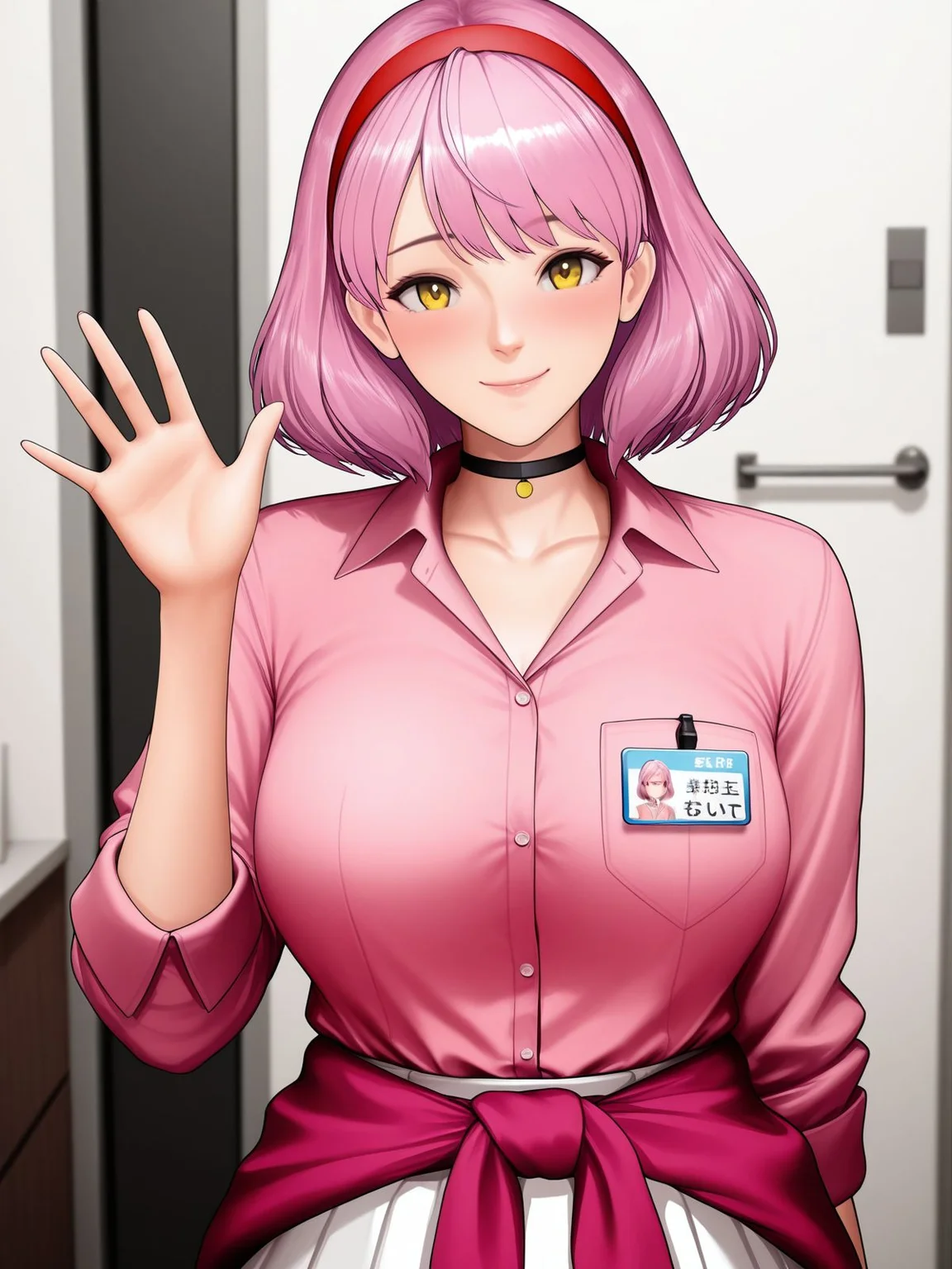 masterpiece, best quality, 1girl, solo, <lora:RNNell:1>, NNell, short pink hair, yellow eyes, red headband, pink shirt, name badge, white skirt, black choker, red waist-tied sweater, waving at viewer, cheerful smile