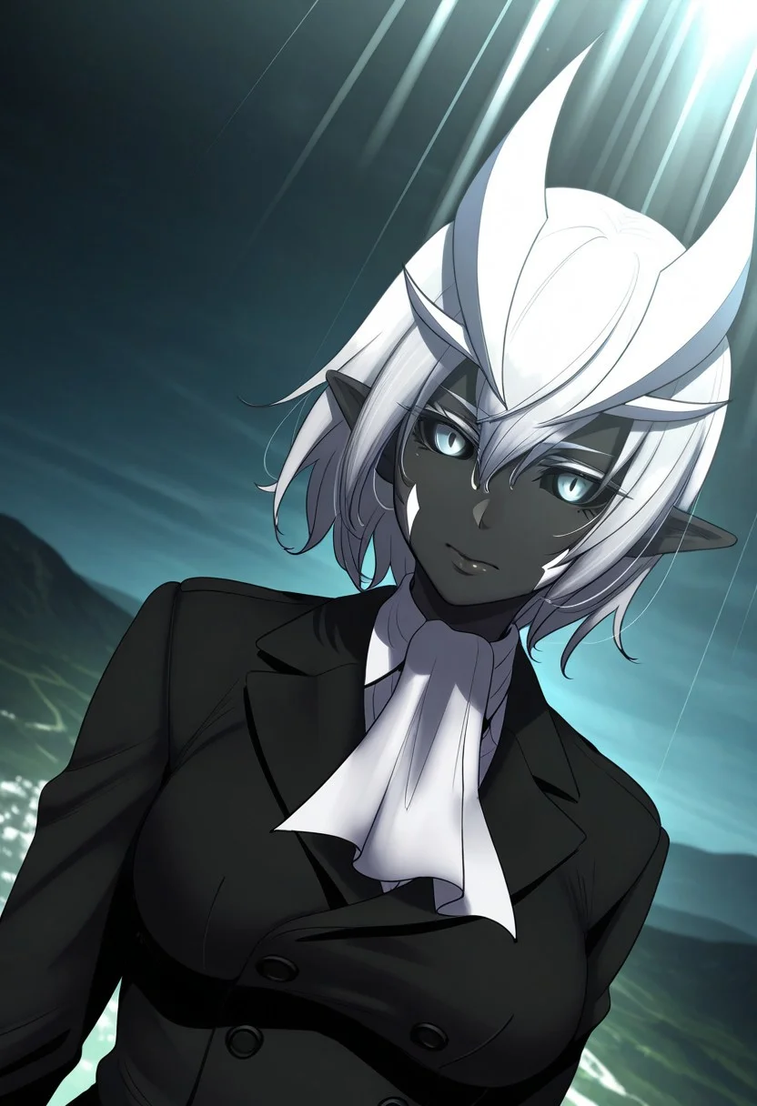 HDR, 8K, high contrast, masterpiece, best quality, amazing quality, very aesthetically pleasing, superabsurd res, high resolution, ultra-detailed, absurdres, latest, landscape, light rays, chiaroscuro, dynamic angle, Dutch angle, close-up, 1girl, Ipos, pointed ears, black skin, white horns, black sclera, white eyes, narrow pupil, white hair, medium breasts, black suit, white gloves, white nails, BREAK, beautiful detailed eyes, detailed skin, detailed hair, volumetric lighting,