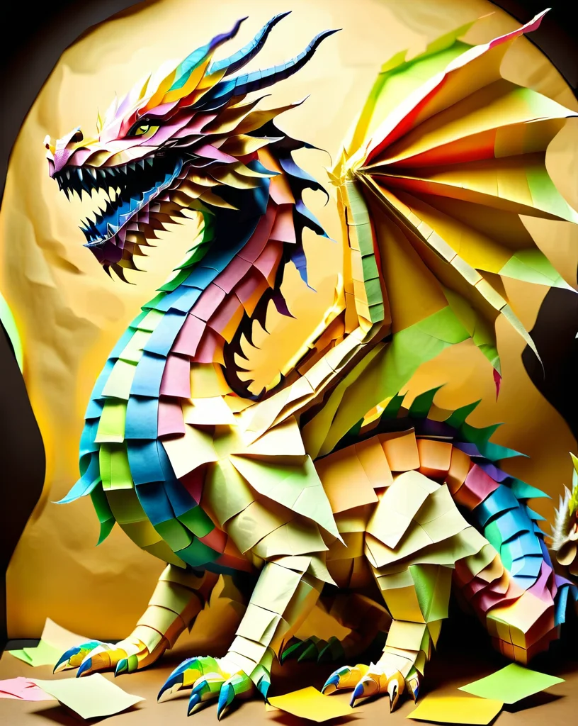 a massive colorful dragon made out of Jed-StickyN, standing on a pile of gold made out of ral-toiletpaper, fantasy, epic, crumpled brown paper background,
<lora:StickyNotesStyle:1>, <lora:ral-toiletpaper:0.7>