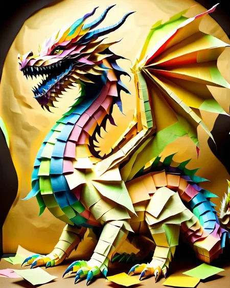 a massive colorful dragon made out of Jed-StickyN, standing on a pile of gold made out of ral-toiletpaper, fantasy, epic, crumpled brown paper background,
<lora:StickyNotesStyle:1>, <lora:ral-toiletpaper:0.7>