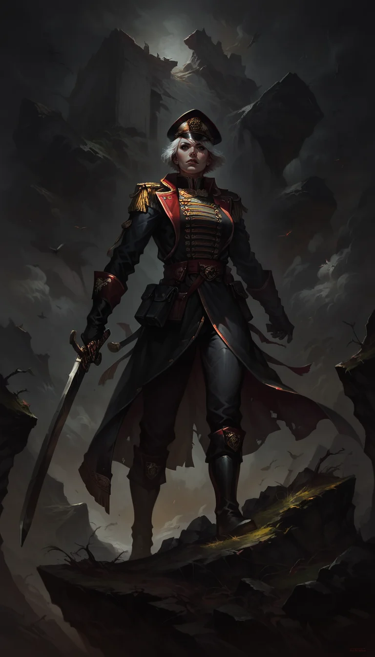 score_9, score_8_up, score_7_up, 1 1girl, detailed face, short white hair, warscape, war, , dynamic pose, in movement, sword, standing on a giant stone, standing on cliff,
from from belov,
<lora:commissar_uniform_WH40K:0.8>, commissar uniform, long coat, commissar hat
<lora:Concept Art DarkSide Style LoRA_Pony XL v6:0.8> concept art, realistic, dark theme, low light,
