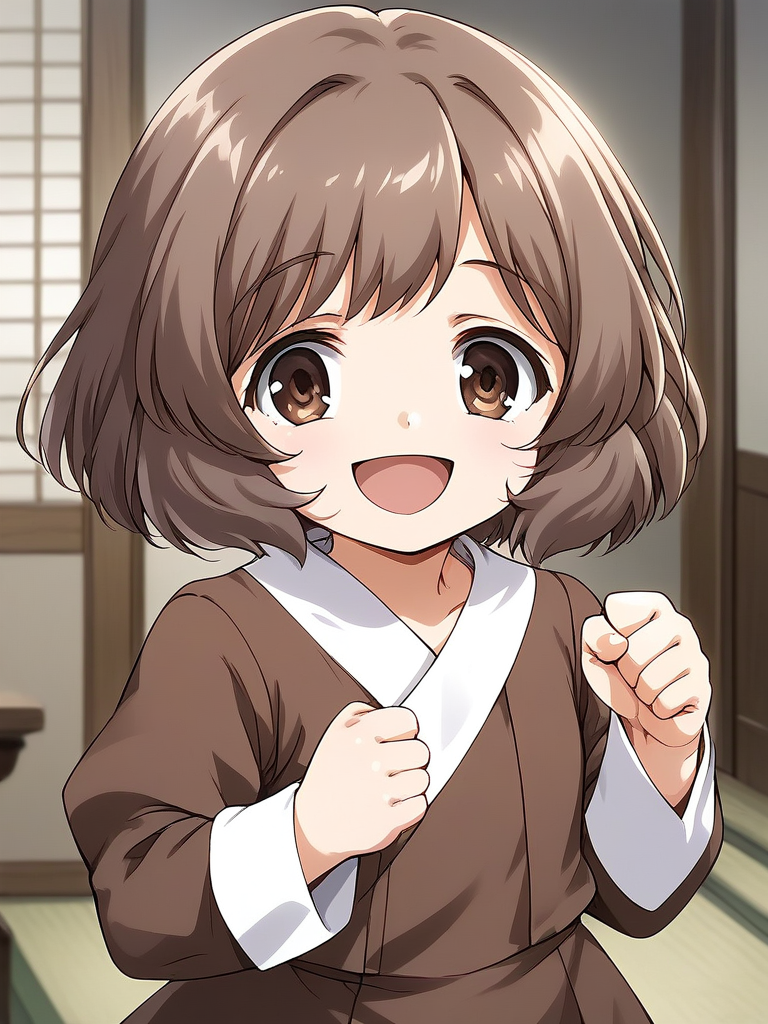 score_9, score_8_up, score_7_up, source_anime, rating_explicit, BREAK  <lora:Amatsuka_Sakura_Ver2.0_XL:1> AmatsukaSakura, brown hair, short hair, brown eyes, bangs, no hat, chibi, smile,
1girl, solo, smile, open mouth, looking at viewer, :d, clenched hands, indoors,  upper body, long sleeve, brown dress,