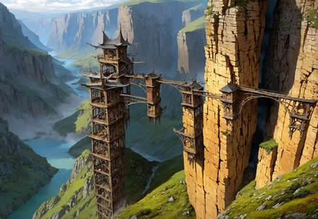 There is a steep metal structure still built into the wall of the chasm around which several abandoned skyships are still docked. The gorge is bottomless and the scene gives an air of vertigo and that the structures are desperately clinging on. Just cold desolation under a stormy sky. The snow here contrasts sharply with the black rock of the cliffs that line this valley, (Highest quality:1.0),(High resolution:1.0), (masterpiece:1.0), (overview:0.6), beautiful and aesthetic:1.3), extreme detailed, colorful, highest detailed,((ultra-detailed)),(highly detailed CG illustration),((Gloomy and Dark Atmosphere)),,