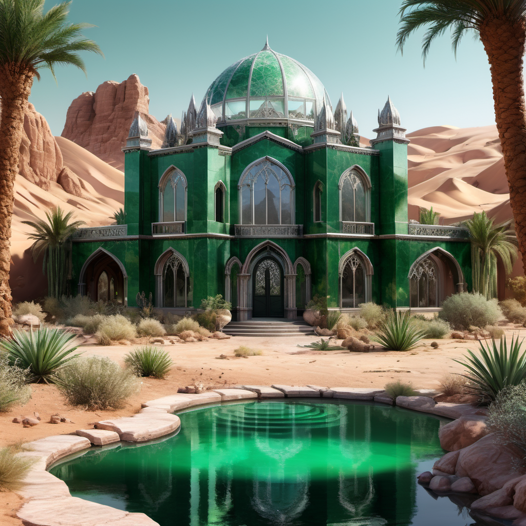 ((best quality)), ((masterpiece)), ((realistic,digital art)), (hyper detailed),Desert Oasis, home made of Resplendent Luminous Emerald, Greasy, Silver, Tenacity, Color Enhancement, Semi-Precious, Gothic Revival, Art Deco, Nature and Animals,8K, HDR, <lora:add-detail-xl:1.5>