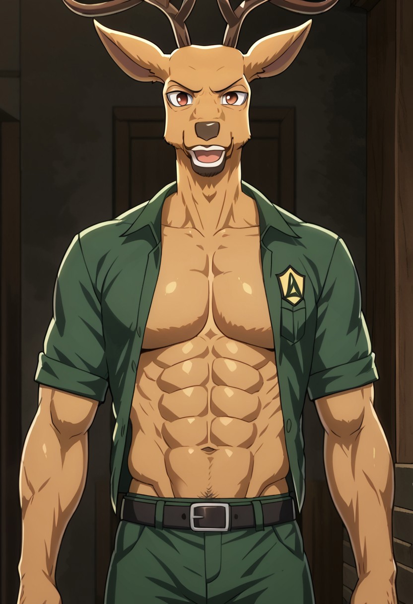 high quality, detailed, source_furry, male, solo male, 1boy, broad shoulders, mature male, reddish brown eyes, athletic build, muscular build, sexy abs, big muscle chest, big muscle biceps, sexy muscle abs, six pack abs, deer, buck, antlers, brown body, animal ears,  looking at viewer,  laugh, loud laugh, mature male, solo, anthro, mature skin,detailed, green Uniform, enjoying his muscles, in the drama club, big muscle biceps, double biceps flex front, front, front view