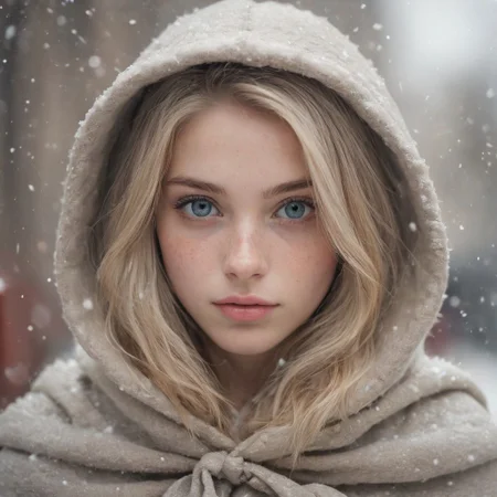 photograph of a cute adult girl, blonhair, pale skin, freckles, blush, innocent, petite and youthful face, silver blue eyes, wearing a cloak, city christmas festival, snowfall, Porta 160 color, shot on ARRI ALEXA 65, bokeh, sharp focus on subject, shot by Don McCullin, nsfw, (natural skin texture, hyperrealism, soft light, sharp), (perfect round eyes:1.3), Capture the essence of her beauty, Enrich the composition with soft, diffused natural light that accentuates the textures and colors, creating a timeless and culturally rich image, EyeDetail-SDXL, fFaceDetail-SDXL