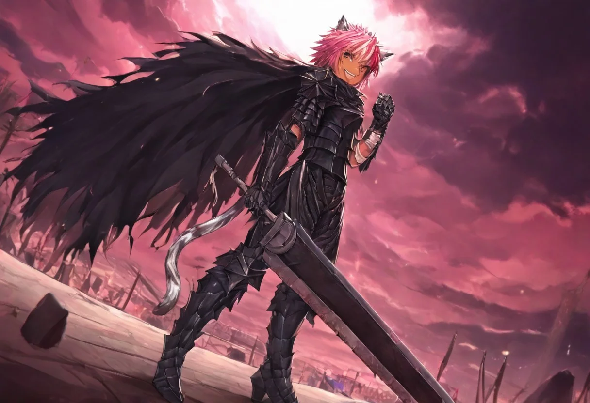 masterpiece, very aesthetic, anime screenshot, 1girl, Pink_PonyXL, DragonSlayerSword-Il.V1.0, black armor, shoulder armor, gauntlets, greaves, bandaged arm, black cape, torn cape, bright pink hair, cat ears, scar on nose, cat bell around neck, tanned, white tiger tail, small breasts, femine body, smiling, making a cute cat face, single fanged tooth showing, standing, looking at viewer, side view, wielding-dragonslayer, huge weapon, sword, holding sword, holding weapon, full body, zoomed in on pink_ponyxl, Dutch angle, cowboy shot
Break
City square, bright and sunny, happy adoring crowd,