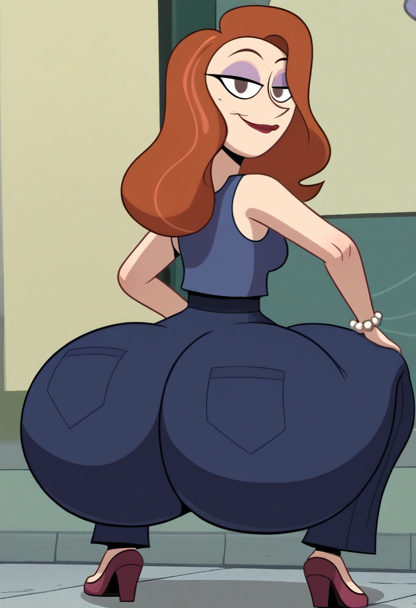 solo,Dorothea Davenport from TGAMM,brown dot eyes,cheekbone,orange hair,long hair,blue shirt,blue pants,purple eyeshadow,red lipstick,medium breasts,small waist,huge hips,looking at viewer,smile,closed mouth,pearl bracelet
hyper ass,squatting,back view,ass focus