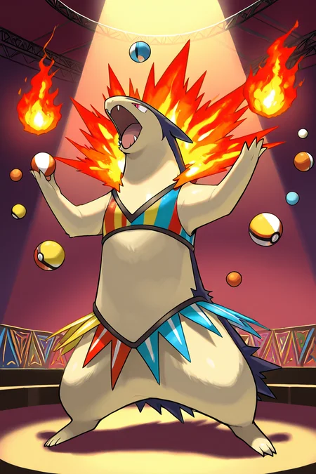masterpiece, best quality, no humans, pokemon (creature), fire, <lora:TyphlosionPokedexIXL:1.0>, Circus Performers, zzTyphlosion in colorful costume, acrobatic pose, juggling prop, big top tent, bright spotlight, carnival atmosphere, vibrant whimsical attire