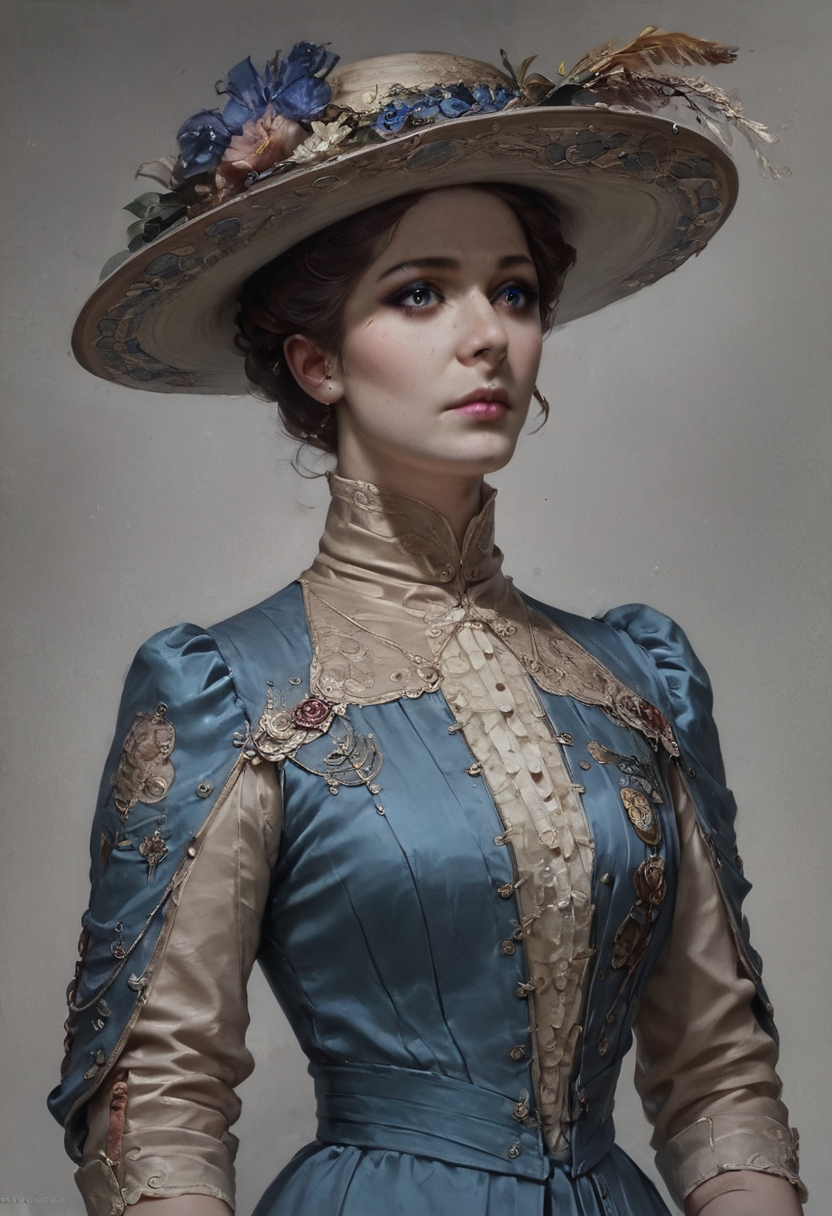 1girl, half length shot, Hasselblad, fujifilm color photo of beautiful shapely woman wearing ornate intricate, embroidered mahogany and robin's egg blue dress, hat, makeup at the Longchamps horse races BREAK score_9, score_8_up, score_7_up, score_6_up, <lora:Belle_Epoque_Dresses_1880-1914_Pony:1> 1905_dr3ss <lora:Expressive_H:0.8> Expressiveh <lora:Concept Art Eclipse Style LoRA_Pony XL v6:0.8> concept art, realistic