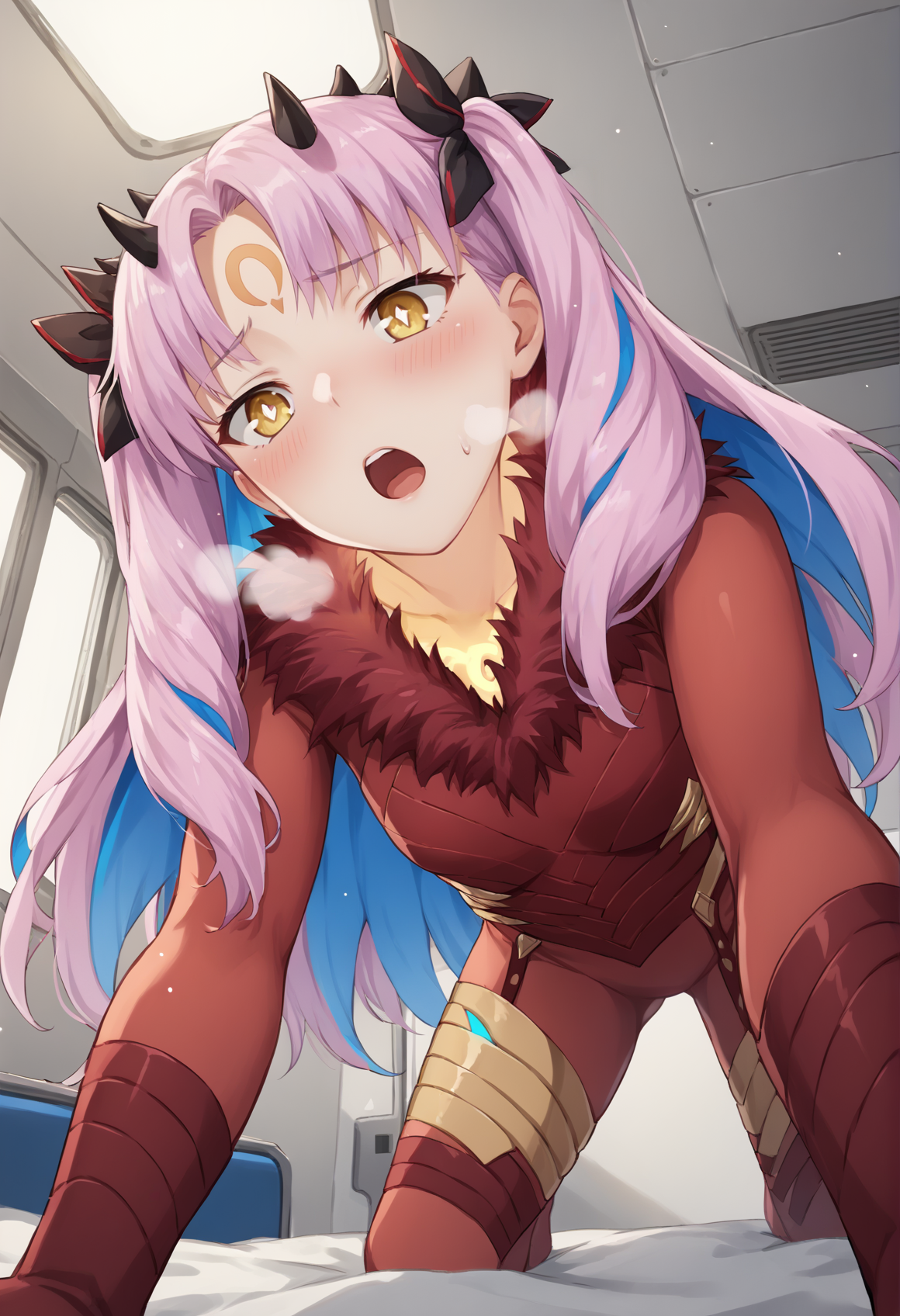 1girl, long hair, multicolored hair, twintails, two-tone hair, pink hair, blue hair, hair bow, two side up, yellow eyes, symbol-shaped pupils, horns, crescent facial mark, forehead mark, facial mark, red bodysuit, fur trim, all fours, blushing, emotionless, heavy breathing, open mouth, indoors, spacecraft interior, bed, from below, pov <lora:Ishtarin:1>, score_9, score_8_up, score_7_up, score_6_up, score_5_up, score_4_up, BREAK source_anime, masterpiece