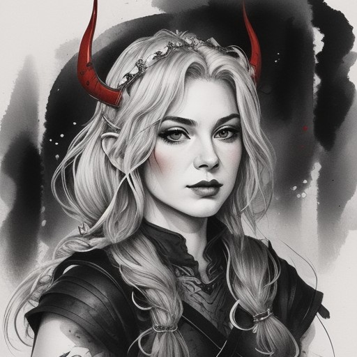 Ink portrait of a beautiful viking princess.
Colors Red and Black.
Ink style.