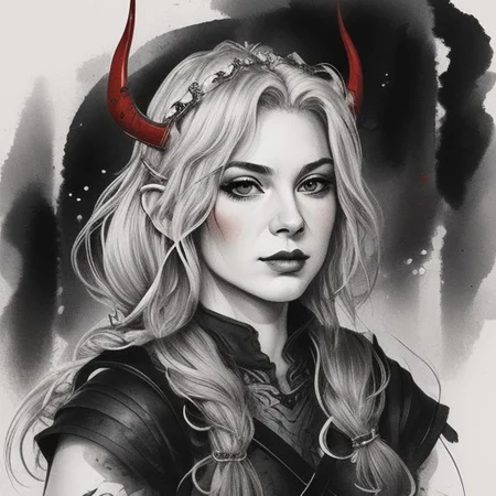 Ink portrait of a beautiful viking princess.
Colors Red and Black.
Ink style.