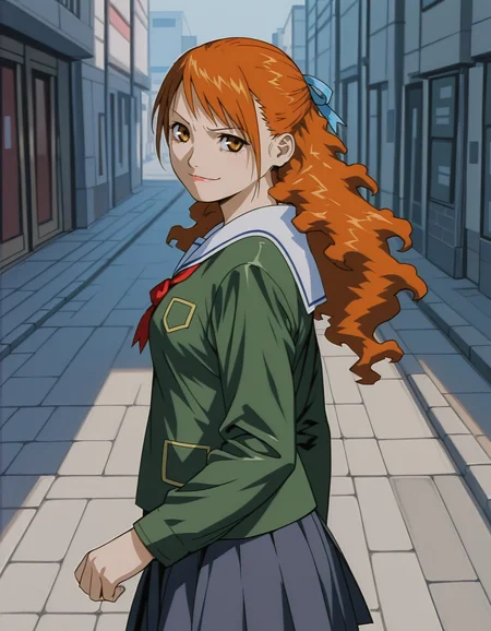 <lora:momomi-illustrious-000020:1> momomi, hair ribbon, serafuku, green shirt, skirt
1girl, solo, walking, from side, looking at viewer, smirk, sidewalk, masterpiece, best quality