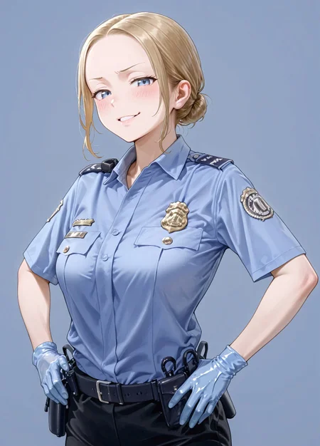 masterpiece, best quality, amazing quality, absurdres,
0c_tsa,1girl, solo, blonde hair, single hair bun, low hair bun, blue eyes, parted lips, medium breasts,
police uniform, policewoman, blue shirt, collared shirt, epaulette, badge, name tag, blue gloves, rubber gloves, black pants, belt, pouch,
, smug, standing, hands on the hips, cowboy shot, looking at viewer, standing, blush,simple background, blue background,
