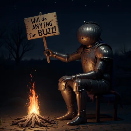 score_9, score_8_up, score_7_up, d4arks0uls, a knight named Siegmeyer sitting by small bonfire at night holding a sign that says, "Will do ANYTHING for BUZZ!", full armor with a large round helmet, dark illuminated only by the flame from the fire and the pale moonlight