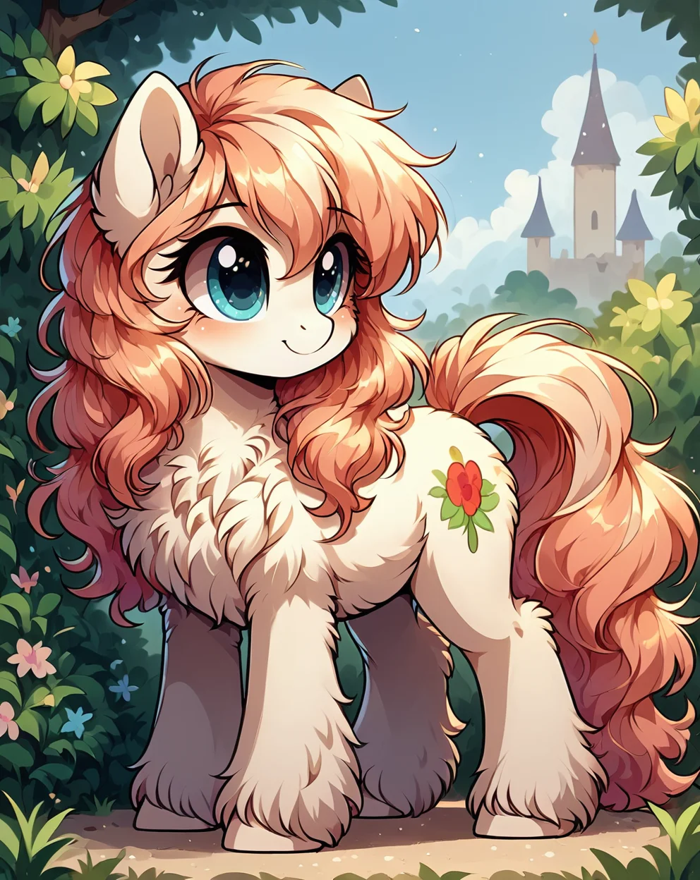 score 9, score 8 up, 1girl, masterpiece, <lora:MegaFluffyPony:1> megafluffypony, fluffy, full body, pony, feral, cute, beautiful, pretty,