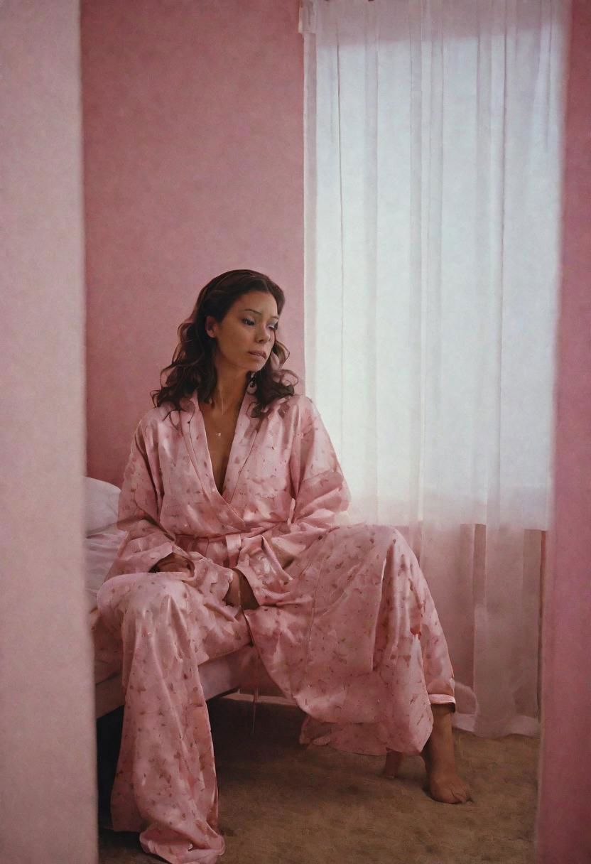 (High detail RAW Photo), a woman sits in corner of her bedroom, wearing pajamas, 1970s \(style\), ((posters on the wall and led strip lights)), (pink and blue ambient:1.3) ((close up:0.7)), (masterpiece, extremely detailed skin, photorealistic, heavy shadow, dramatic and cinematic lighting, key light, fill light), sharp focus, film grain, grainy, cinematic, imperfect skin,  fabrics, textures, detailed face, detailed skin, warm colors