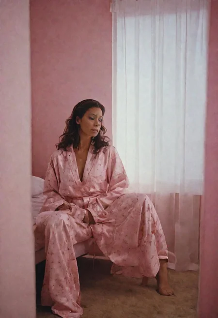 (High detail RAW Photo), a woman sits in corner of her bedroom, wearing pajamas, 1970s \(style\), ((posters on the wall and led strip lights)), (pink and blue ambient:1.3) ((close up:0.7)), (masterpiece, extremely detailed skin, photorealistic, heavy shadow, dramatic and cinematic lighting, key light, fill light), sharp focus, film grain, grainy, cinematic, imperfect skin,  fabrics, textures, detailed face, detailed skin, warm colors