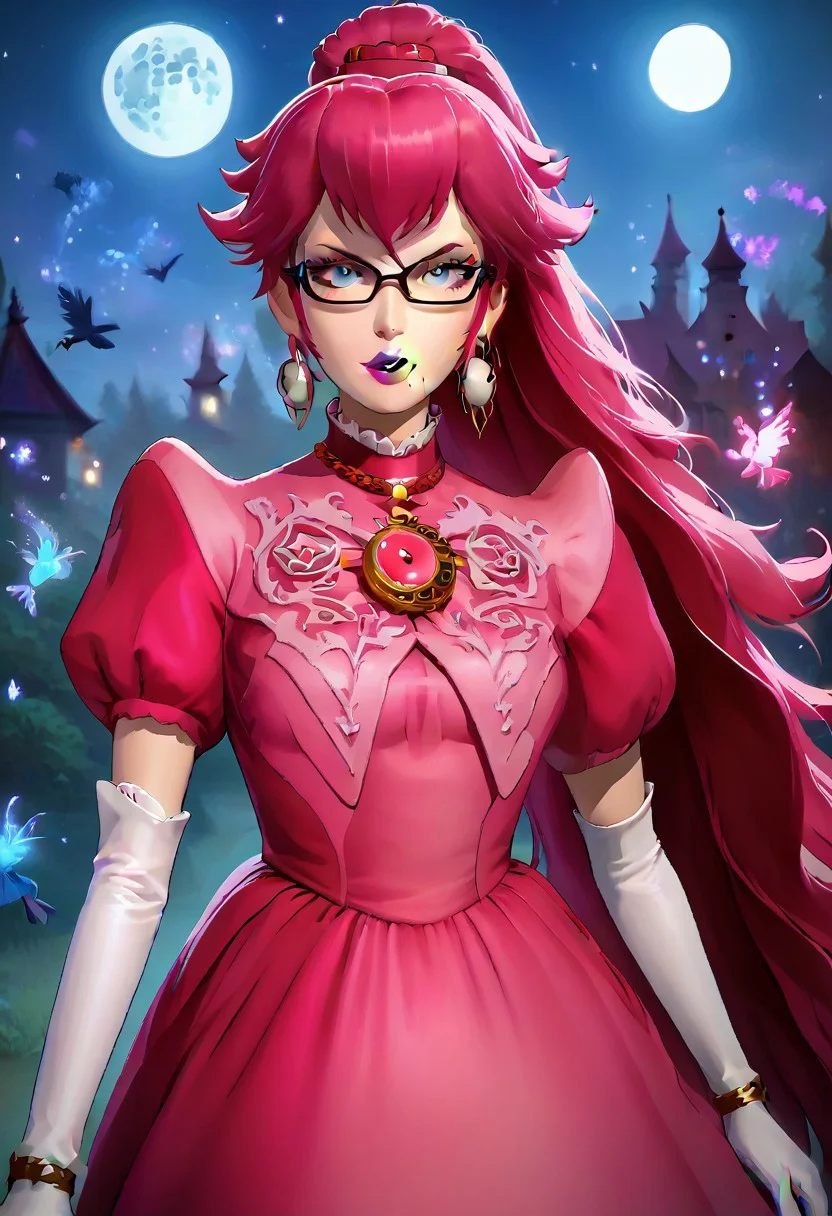 upper body, half body, ((crown, dress, gem, gloves, pink dress, puffy short sleeves, puffy sleeves, short sleeves, white glove)), BayonettaSDXL, Bayonetta2, 1girl, solo, focus, magic, dark shadows magic, long hair, looking at viewer, absurdly long hair, ponytail, Floor length air gray eyes, pink hair, blue lipstick, gloves, jewelry, very long hair, tall girl, earrings, parted lips, glasses, elbow gloves, white gloves, mole, lips, bodysuit, makeup, night, moon, lipstick, mole under, r mouth, full moon, amulet, bayonetta, cowboy shot,, crowmancer, crow flock, drawing dark magic circles with shadows, bold, striking, cowboy shot, easynegative, flat color, dark theme, g4n1m3, shadow magic, arkane_dark, night, night lights, dynamic pose, dynamic angle, Vintage BREAK score_9, score_8_up, score_7_up, score_6_up, source_anime, ((Princess Peach Dress))