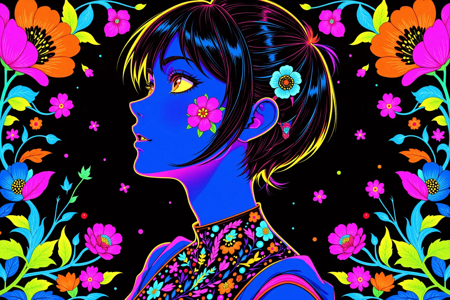 bmstyle, anime, asymmetrical and off-center. Intricate colorful neon rainbow neon fluorescent colors and vanta black. Orange, yellow, green, pink, red, blue, purple. Black light poster. masterpiece, centered, a drawing of a girl with flowers in her hair, an anime drawing, featured on pixiv, gothic art, neon blacklight color scheme, multicolored art, shiny colors, beautiful female android, blue image, antialiased, living flora, colorful! character designEngine, Trending on ArtStation, HDR, 3D Masterpiece, Perfect Composition Epic cinematic brilliant stunning intricate meticulously detailed dramatic atmospheric darkness, intricately stylized vector design, line work, flourishes, patterns
<lora:FLUX_Black_Magic_XL_Style_V2.0-000005:0.9500000000000001>