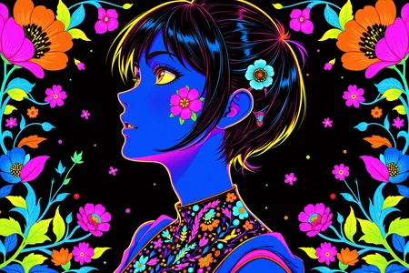 bmstyle, anime, asymmetrical and off-center. Intricate colorful neon rainbow neon fluorescent colors and vanta black. Orange, yellow, green, pink, red, blue, purple. Black light poster. masterpiece, centered, a drawing of a girl with flowers in her hair, an anime drawing, featured on pixiv, gothic art, neon blacklight color scheme, multicolored art, shiny colors, beautiful female android, blue image, antialiased, living flora, colorful! character designEngine, Trending on ArtStation, HDR, 3D Masterpiece, Perfect Composition Epic cinematic brilliant stunning intricate meticulously detailed dramatic atmospheric darkness, intricately stylized vector design, line work, flourishes, patterns
<lora:FLUX_Black_Magic_XL_Style_V2.0-000005:0.9500000000000001>