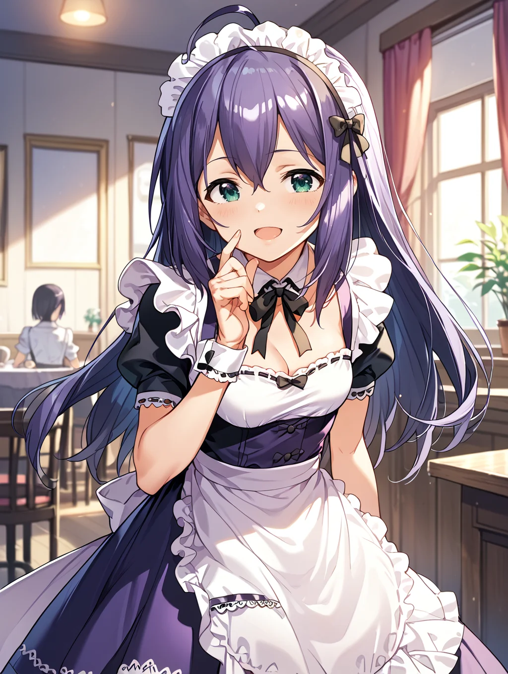 score_9,score_8_up,score_7_up,
official art,official style,game cg,megami magazine,
uncensored,
1girl,solo,
mochizuki anna,purple hair,green eyes,ahoge,
purple dress,maid headdress,maid,
<lora:idolmaster_mochizuki_anna_pony_v1:1>,