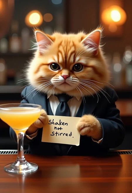 A cute chubby cat is wearing a suit and tie. It is sitting at a bar counter, in front of a cocktail. It shows to the viewer a handwritten note that says "Shaken, not stirred." Indoor, high end club ambiance, in the style of a James Bond movie.