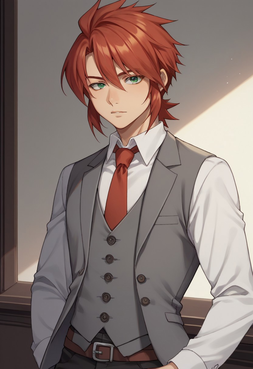 score_9, score_8_up, score_7_up, source_anime, highly detailed, 
lukefon, solo, 1boy, male focus, formal, red hair, suit, necktie, red necktie, green eyes, pants, vest, short hair, shirt, collared shirt,  white shirt, grey suit, upper body
indoor