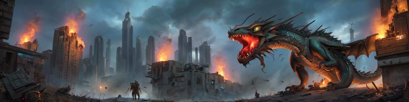 cityscape, <lora:Wasteland:0.66> Wasteland, the, and, with, wasteland, background, (darkness) , (at night) , (overwhelming:1.2) , (high details:1.0) , (Photorealistic:1.2) , subsurface scattering, (detailed background visible:1.2) , (crafted style) (detailed hyperrealism) , (At heart composition) , (captivating photograph:1.2) , architecture, city of a landscape of a Painterly (flying dragon, spitting fire:1.3) , 2 human in sci-fi planet explorer outfit standing in front of background, Zellige images, at Midday, Ultra Real, Tenebrism, Kodak Ektachrome E100, 800mm lens, realism, painting