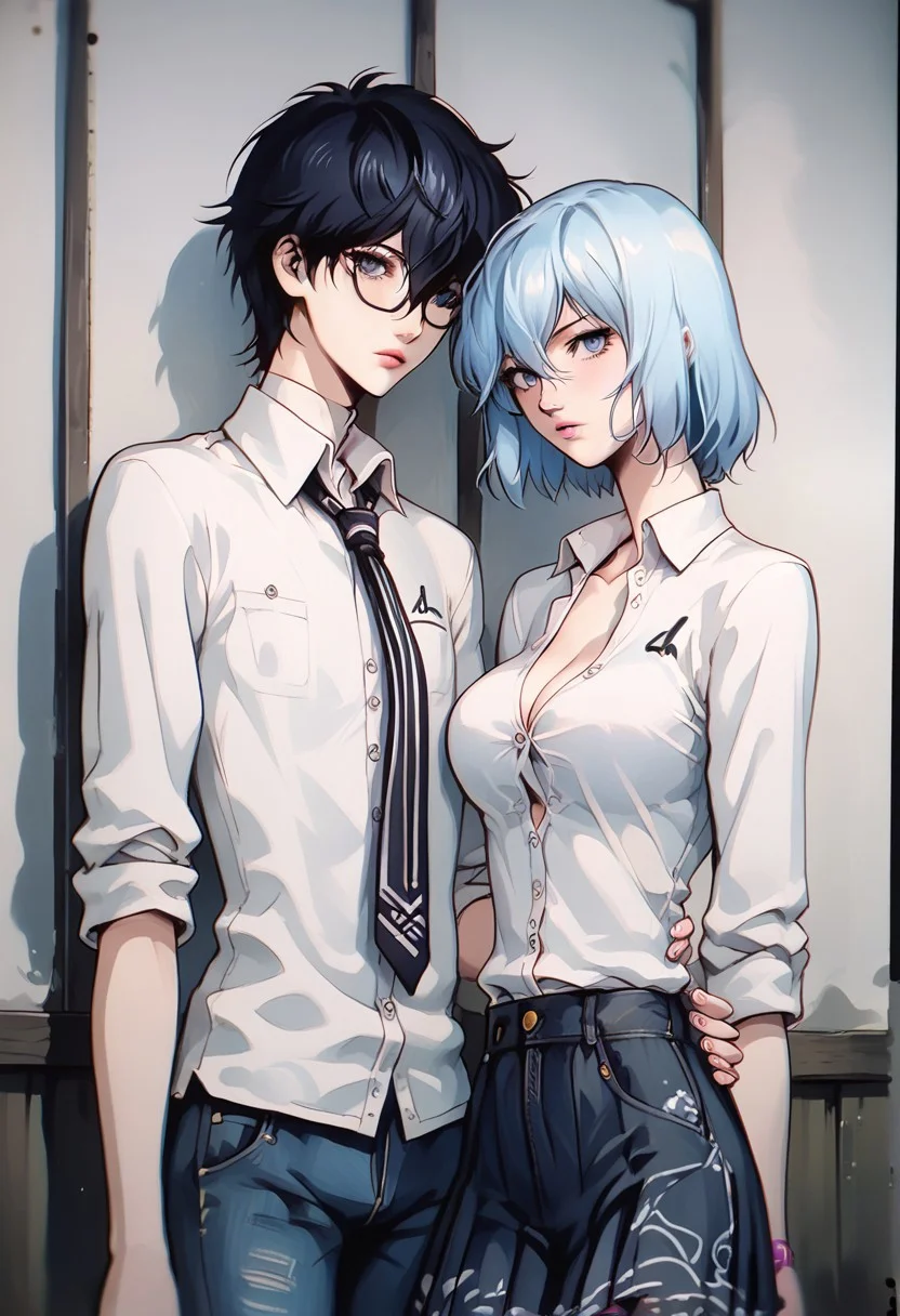 (score_9, score_8_up, score_7_up), melkor_style,
score_9, score_8_up, score_7_up, score_6_up, score_5_up, score_4_up, source_anime, high detailed, high quality, masterpiece, source_anime, high detailed, high quality, masterpiece, 1 girl, 1 boy, couple, romantic couple, straight, hetero, heterosexual, (1 boy, black eyes, black hair, hair between eyes, short hair, school uniform, frame glasses, button down shirt, tie, jacket, houdie, open jacket, blue eyes, jeans), (1 girl, momo yaoyoruzu, long hair, bob, ponytail, grey eyes pink lips, big breasts, school uniform, button down shirt, cleavage, pleated skirt, pantyhose), looking at viewer, low angle, background room, cowboy shot, anime screencap, watercolor \(medium\), traditional media, neon.