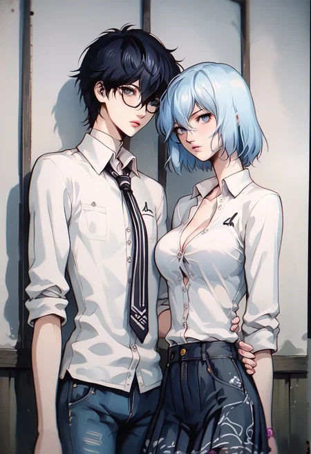 (score_9, score_8_up, score_7_up), melkor_style,
score_9, score_8_up, score_7_up, score_6_up, score_5_up, score_4_up, source_anime, high detailed, high quality, masterpiece, source_anime, high detailed, high quality, masterpiece, 1 girl, 1 boy, couple, romantic couple, straight, hetero, heterosexual, (1 boy, black eyes, black hair, hair between eyes, short hair, school uniform, frame glasses, button down shirt, tie, jacket, houdie, open jacket, blue eyes, jeans), (1 girl, momo yaoyoruzu, long hair, bob, ponytail, grey eyes pink lips, big breasts, school uniform, button down shirt, cleavage, pleated skirt, pantyhose), looking at viewer, low angle, background room, cowboy shot, anime screencap, watercolor \(medium\), traditional media, neon.